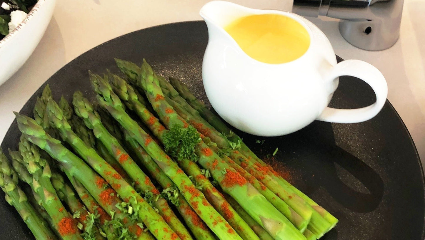 Green Fern Farms blanched asparagus with a hollandaise sauce