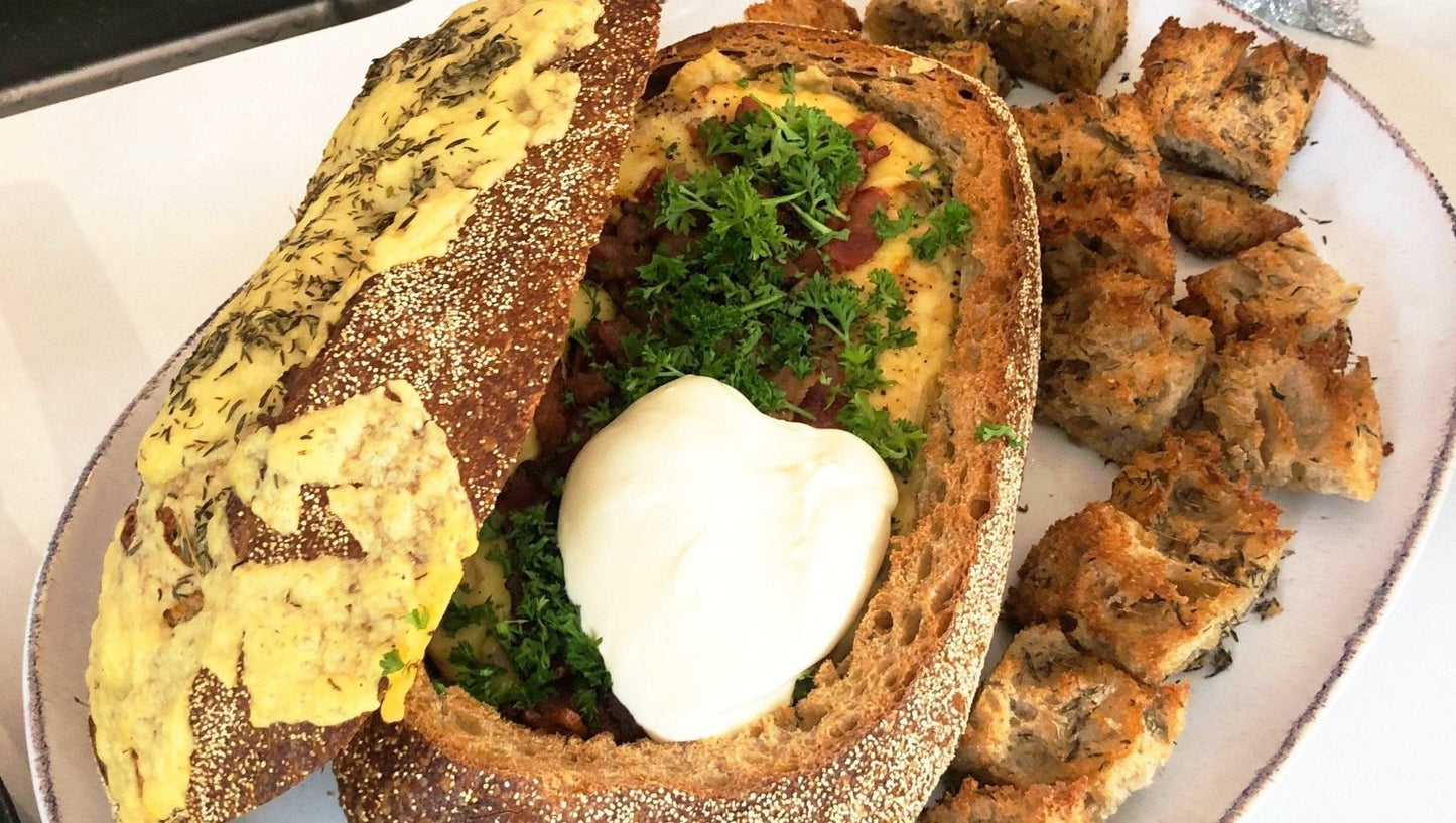 Creamy bacon, mushroom and parmesan cheese cob loaf