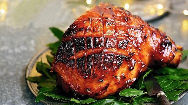 Ham cooked with a marmalade, honey and sweet chilli glaze