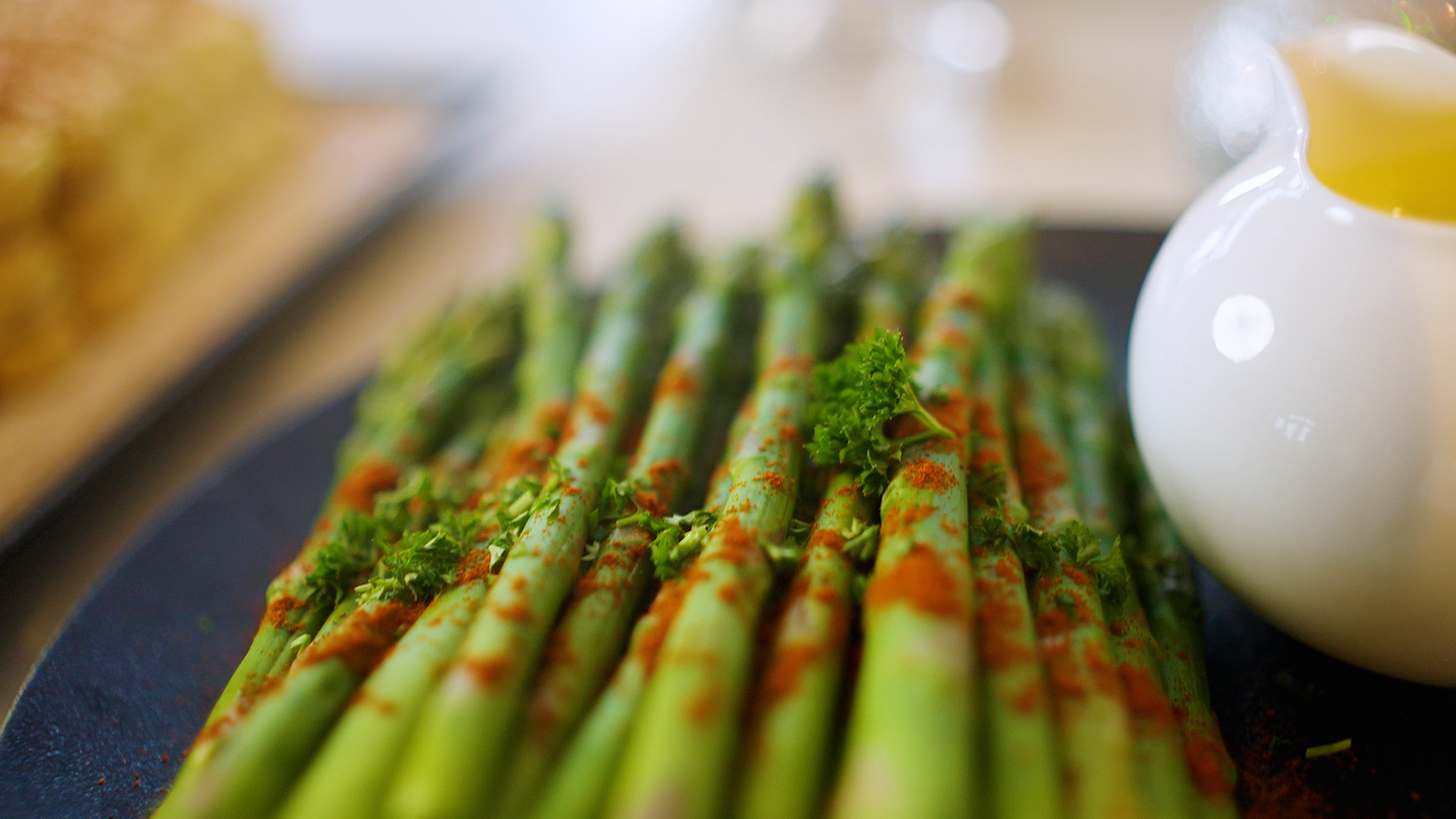 Green Fern Farms blanched asparagus with a hollandaise sauce